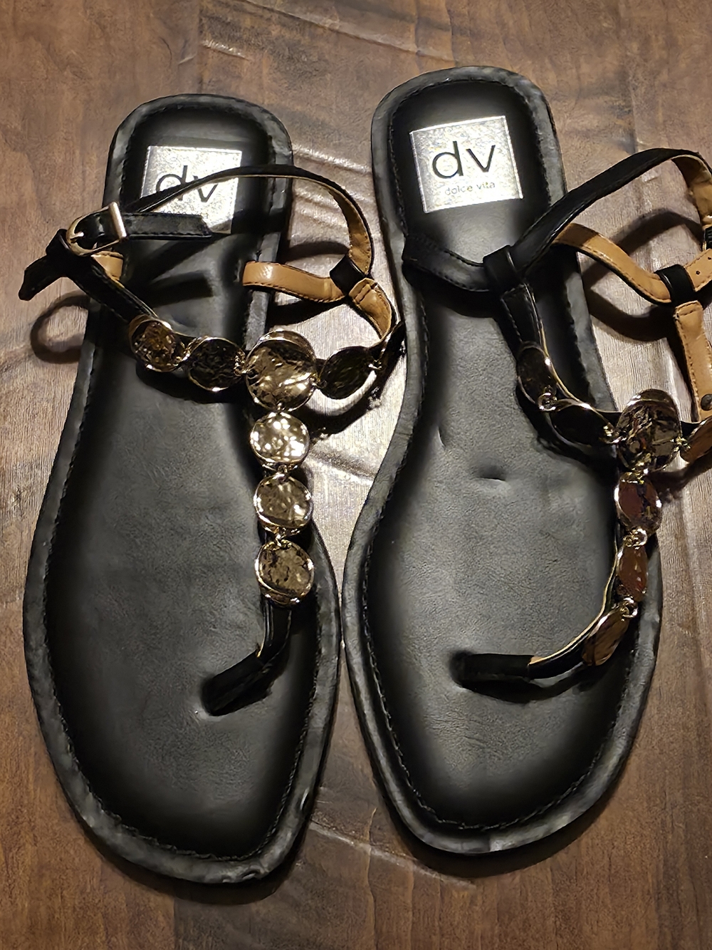 DV by Dolce Vita Black and Tan T-Strap Sandals with Gold Coin Accents